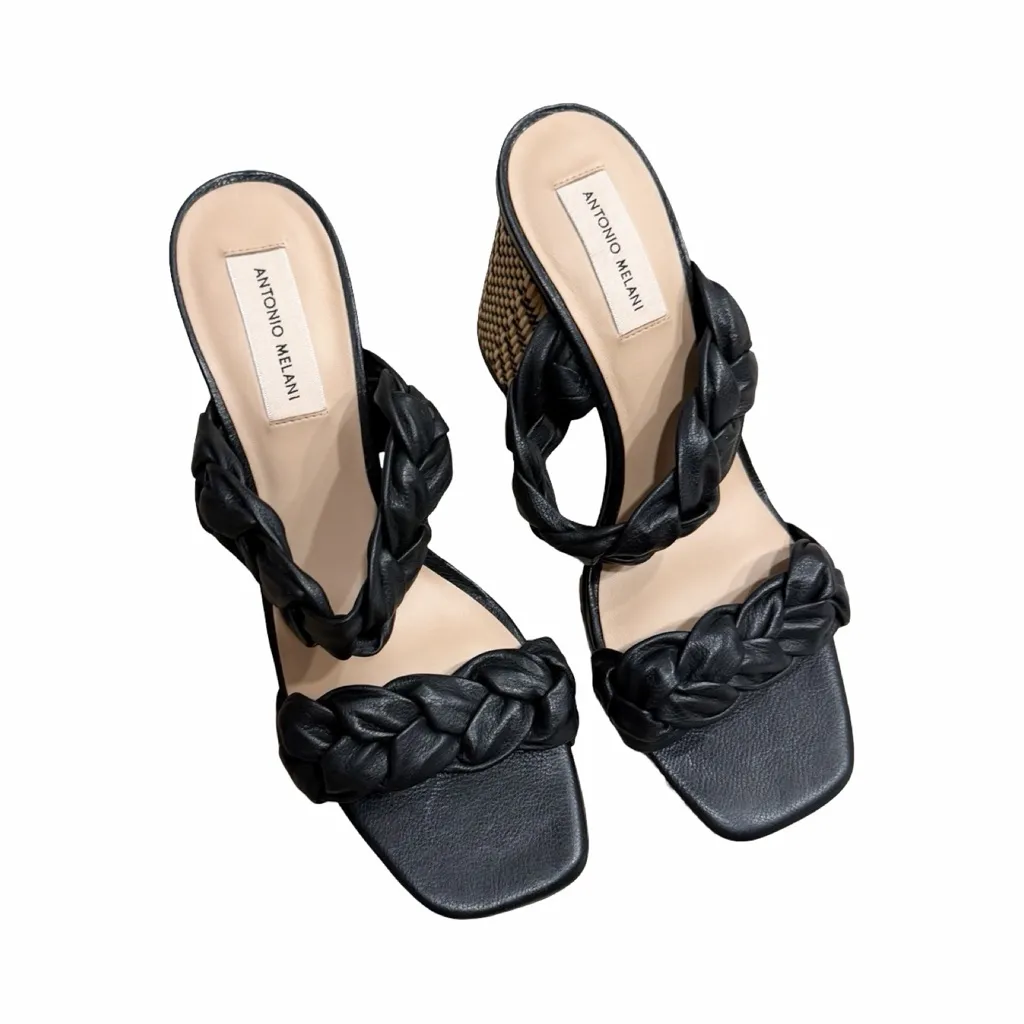 ANTONIO MELANI Mule Leather Woven Heels Black Sandals Sz Sz 11 - Image 3