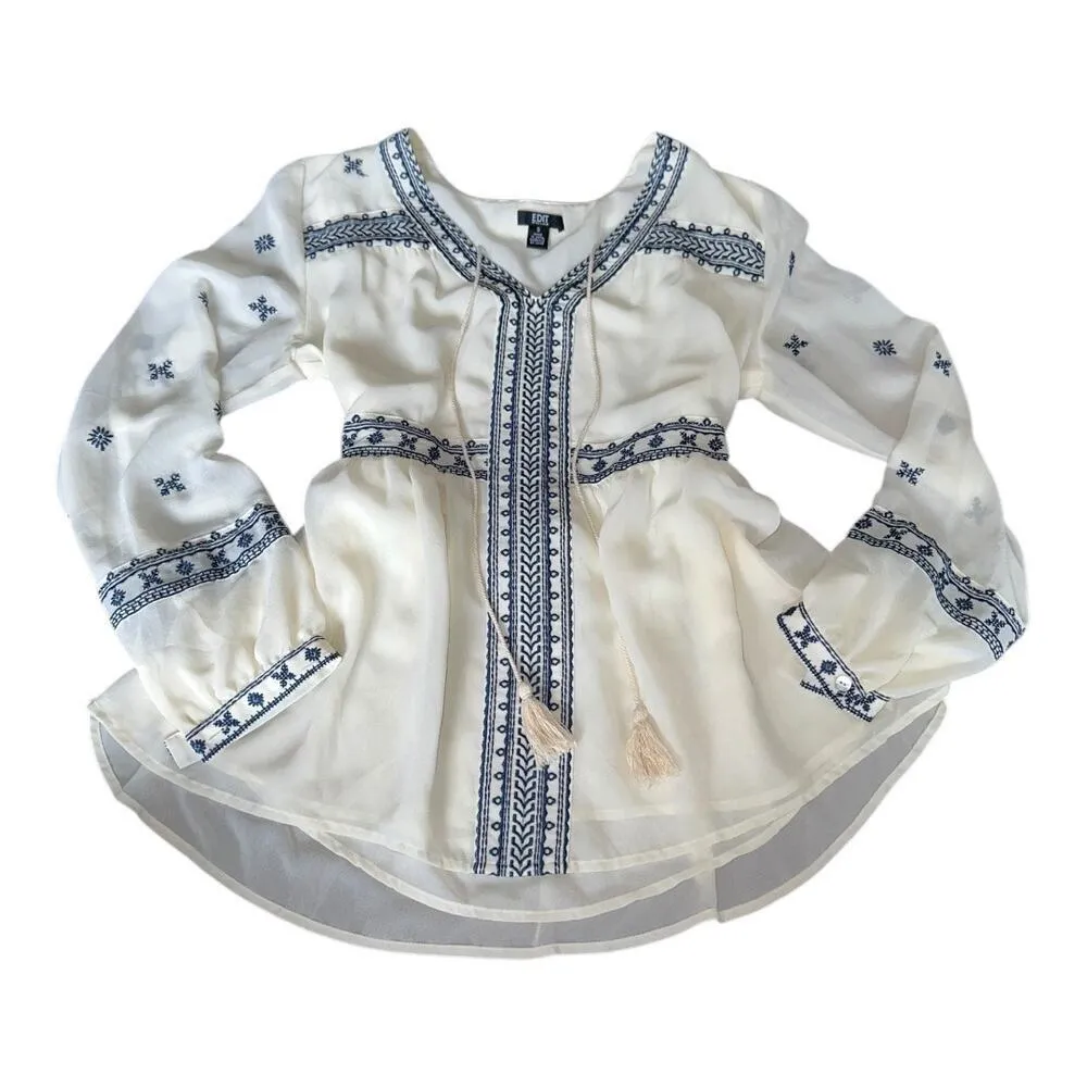 Boho Chic Small Navy Embroidered Peasant Top Flowy Chiffon Sheer Long Sl…​ Blue - Image 2