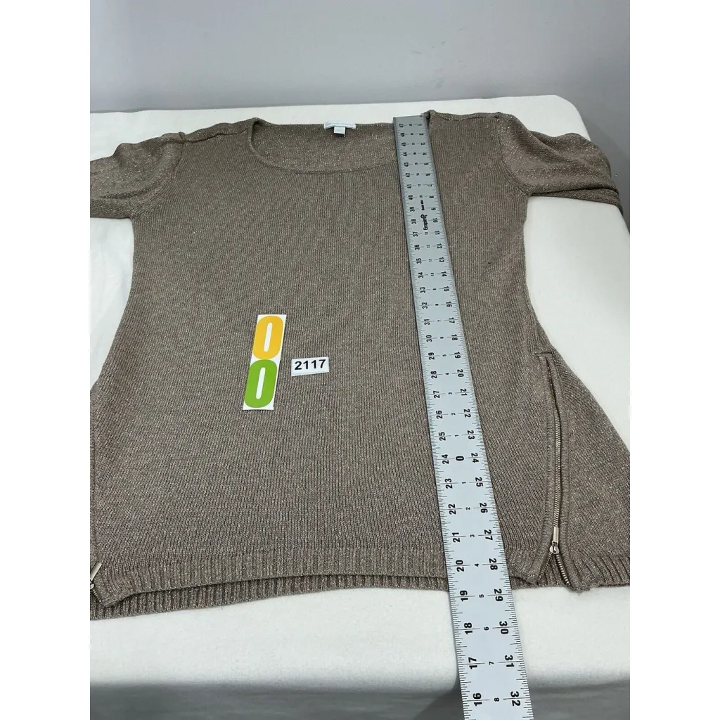 Womans Ny & Co Beige Gold Matellic Long Sleeve Pullover Sweater Accents Large - Image 7