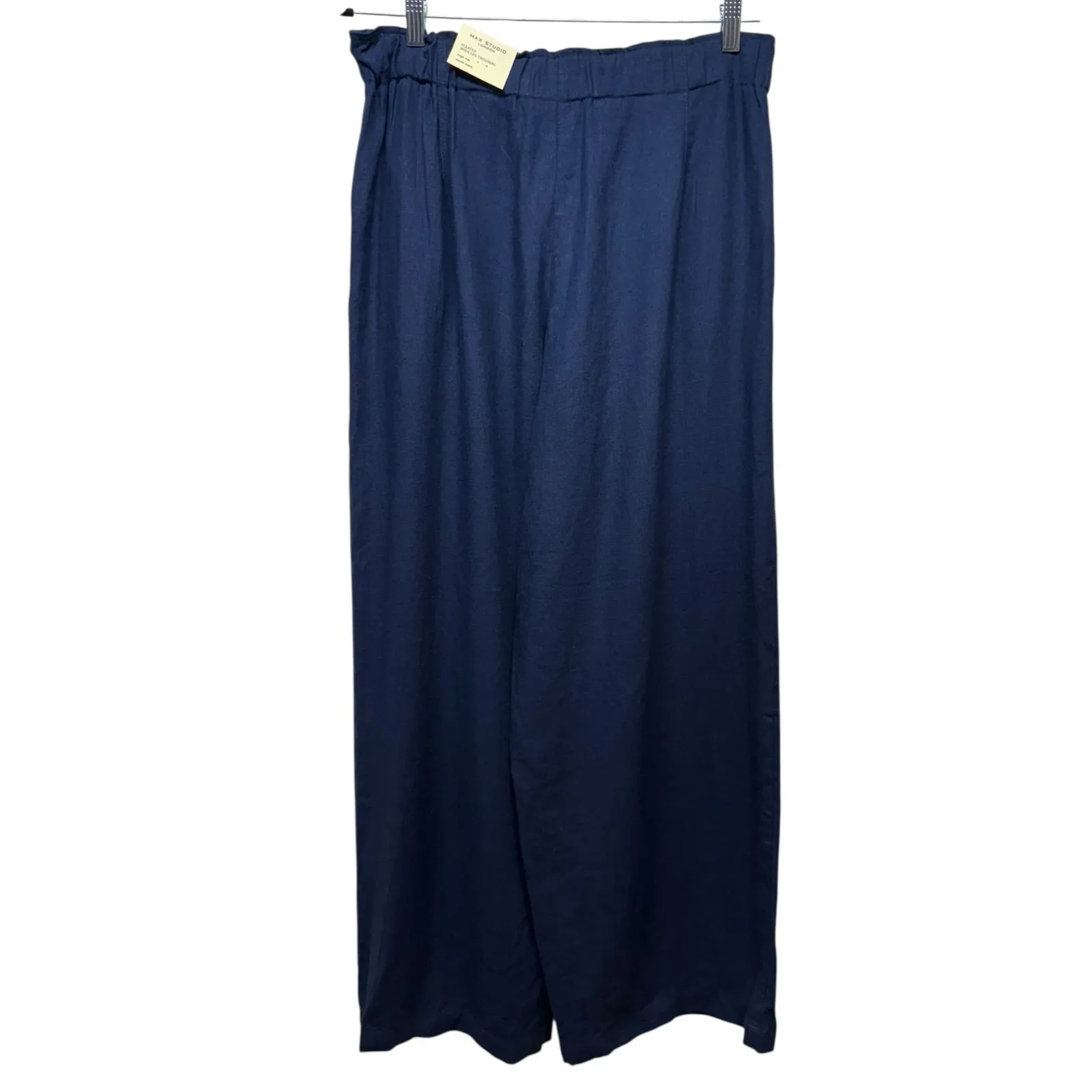 Max Studio London Women Linen Blend Wide Leg Elastic Waist‎ Pants Size L Blue - Image 2