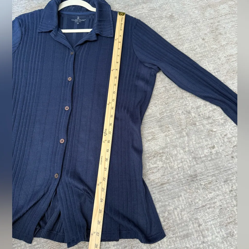 Cuddl Duds Dark Blue Button-Up Ribbed Shirt and Pants Set Lounge Pajama - Image 7