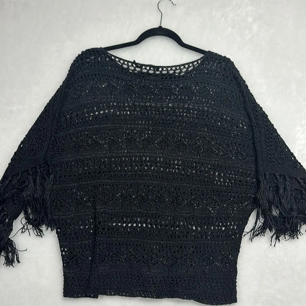 Ralph Lauren womens loose knit Black Crochet fringe Sweater size Large / XL - Image 9