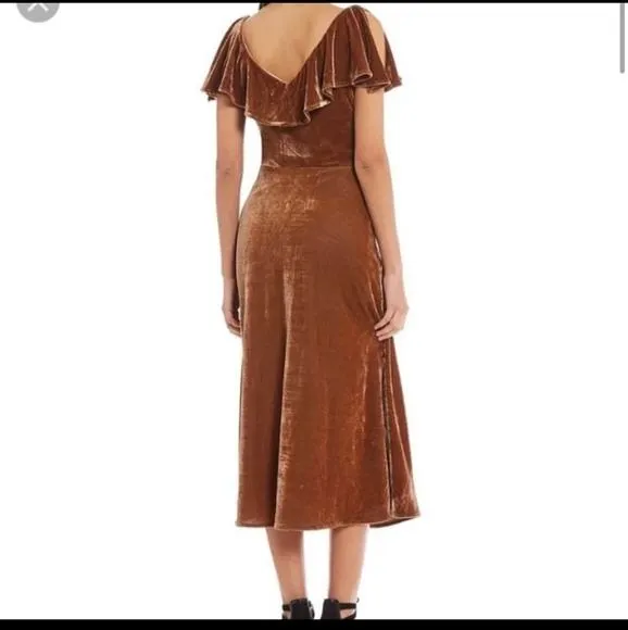 Gianni Bini Velvet Velour Shoulder Drape V-neck Midi Dress, Small, Brown - Image 2