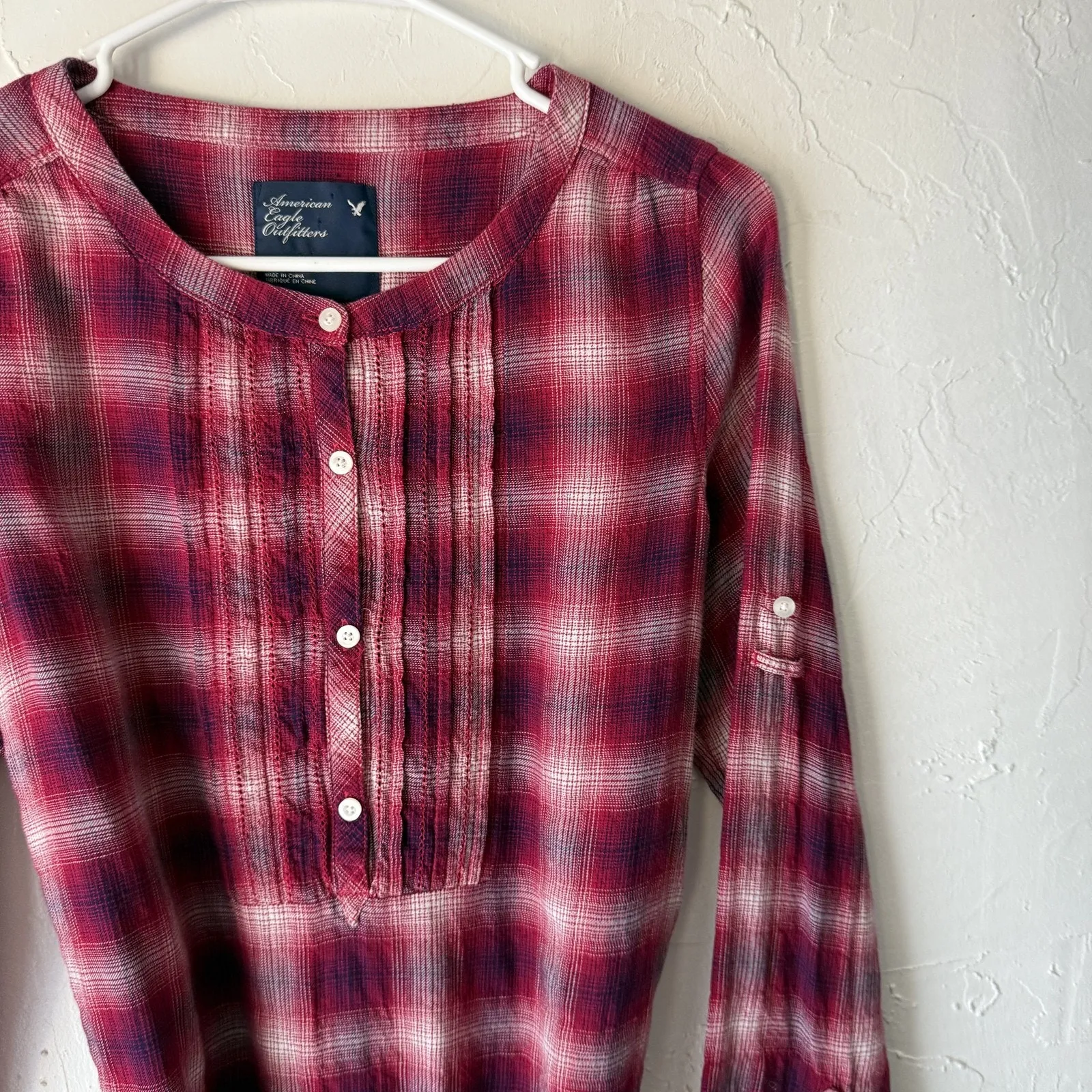 American‎ Eagle Y2k Shirt Small Red Plaid Tunic Tie Waist Babydoll Cotton - Image 2
