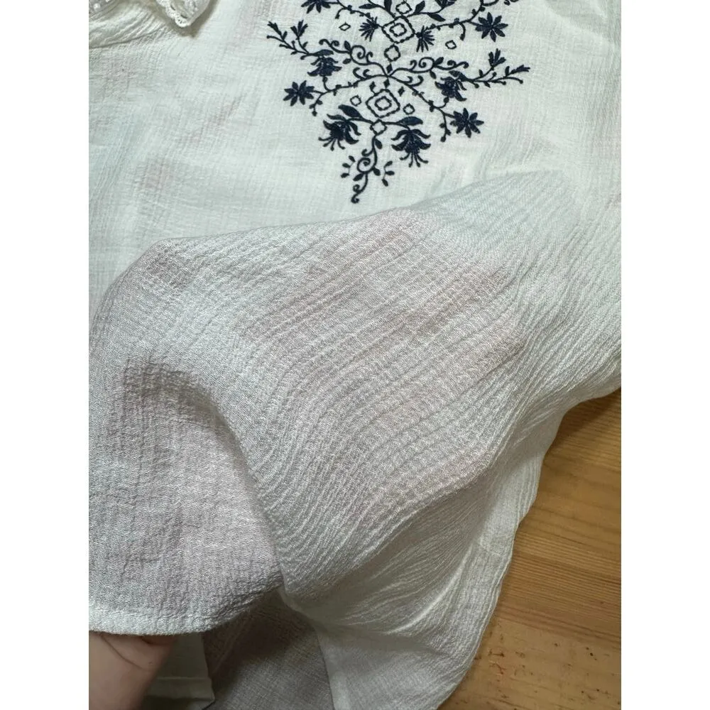 Mine White Floral Embroidery Cottagecore Prairie Boho Peasant Top Sheer Flaws - Image 14