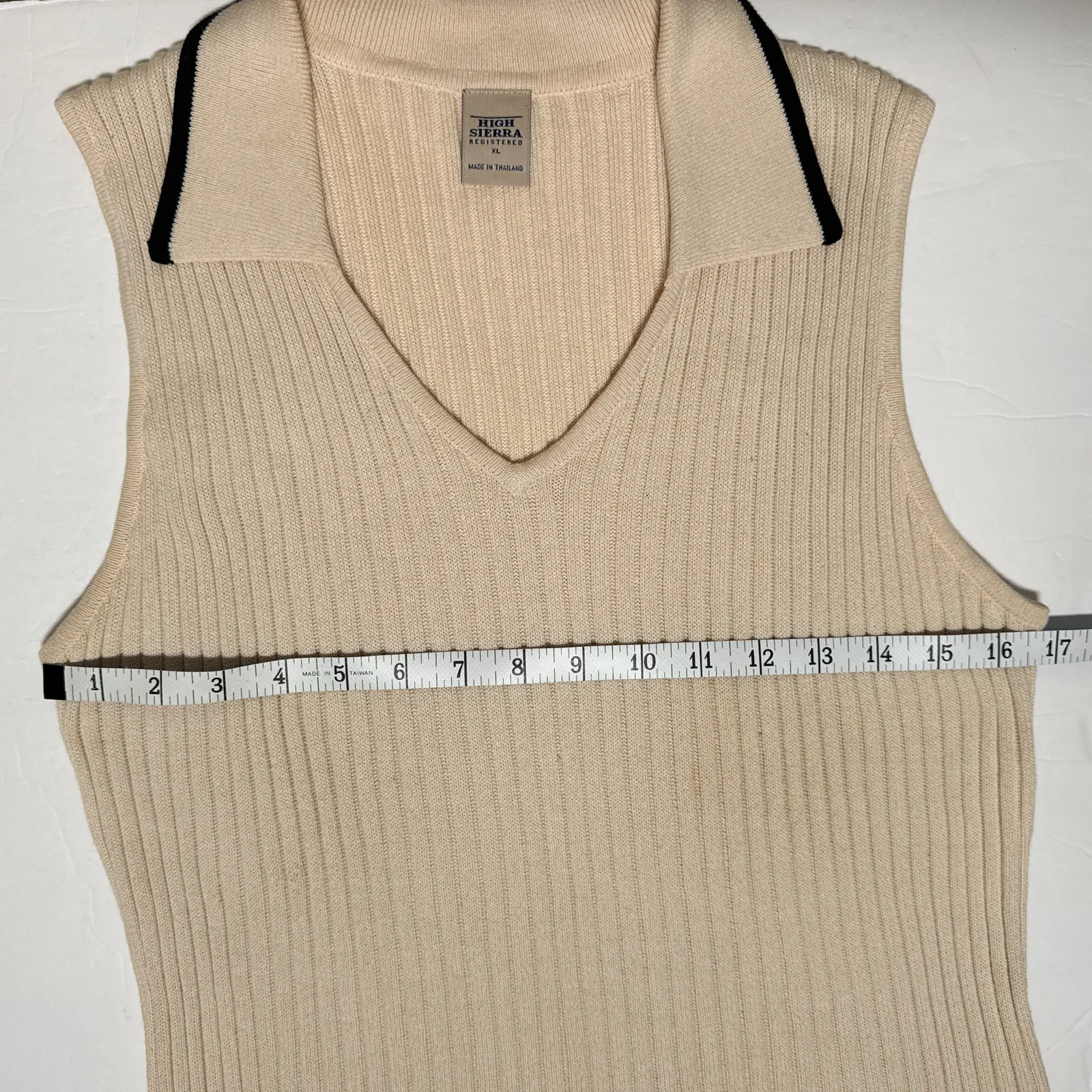 Vintage Ribbed Knit Polo Sweater Vest Beige Cream XL - Image 9
