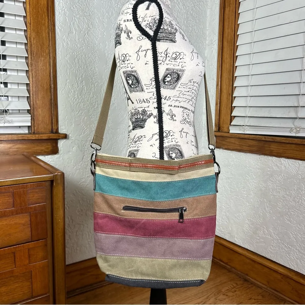 Snug Star | Canvas Striped Bucket Bag Colorful Crossbody NWT Green - Image 7