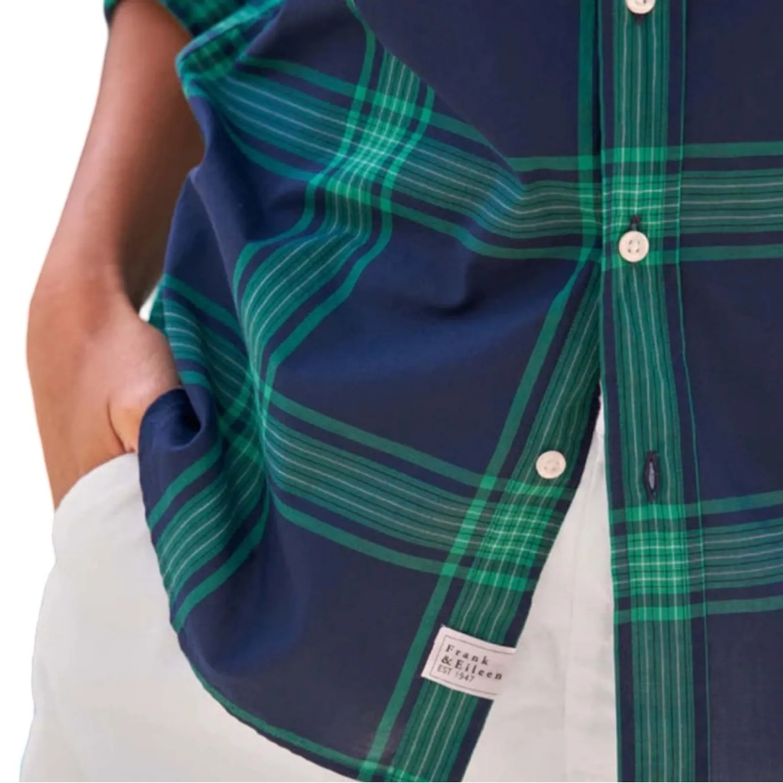 Frank & Eileen Barry Tailored Button Up Jade Navy Plaid Shirt Size XS - Image 3