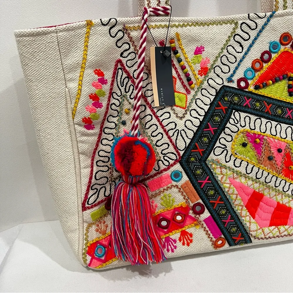 Heavy Canva Tote Embroidered Cream Bag Pom Pom Lined Aztec Print Multicolored Pink - Image 8