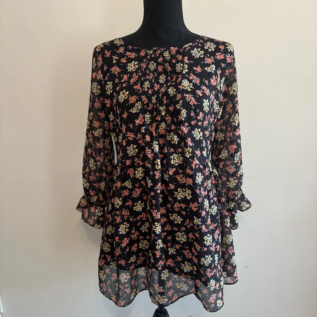 Free People Black Comb Ditsy Floral 3/4 Sleeve Ruched Babydoll Mini Dress Tunic - Image 2