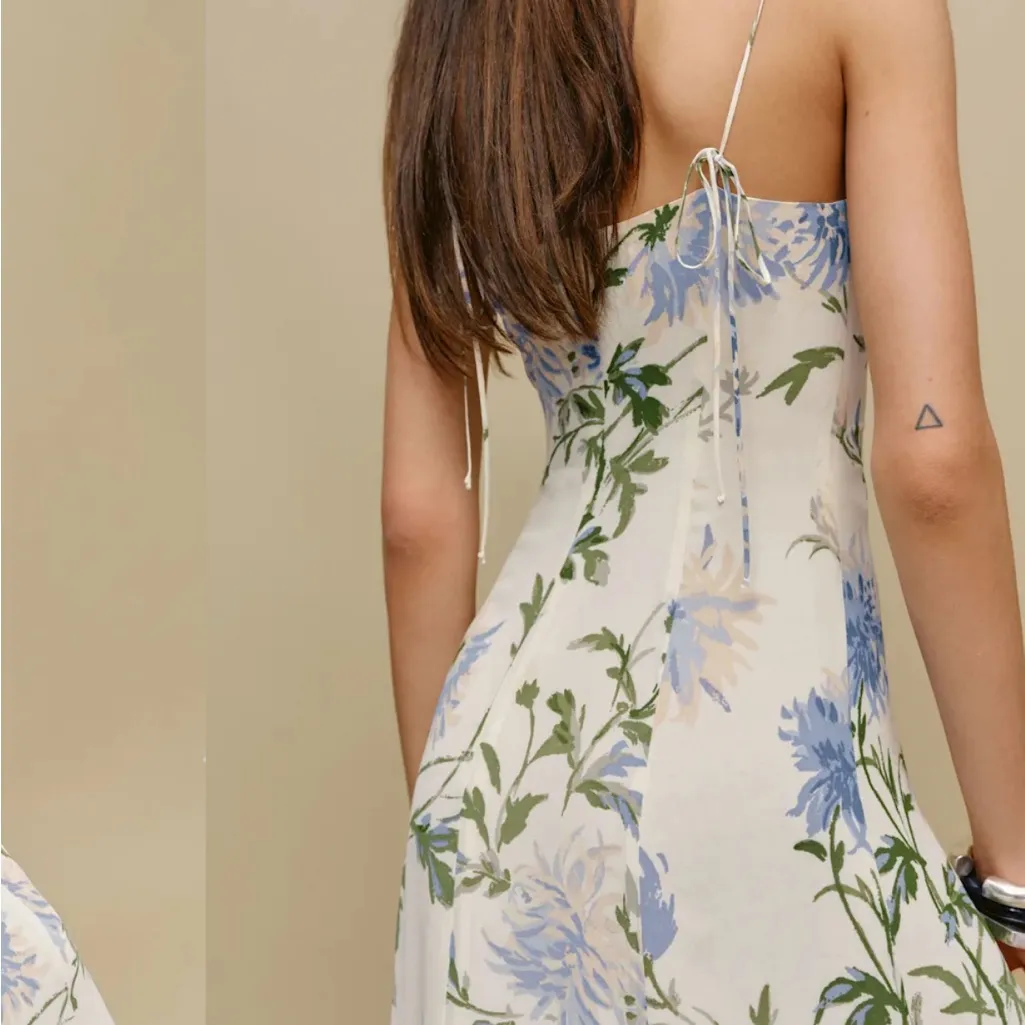 Reformation Emely Dress Midi Length Serenity Ivory Lilac Floral Lace Up French - Image 3