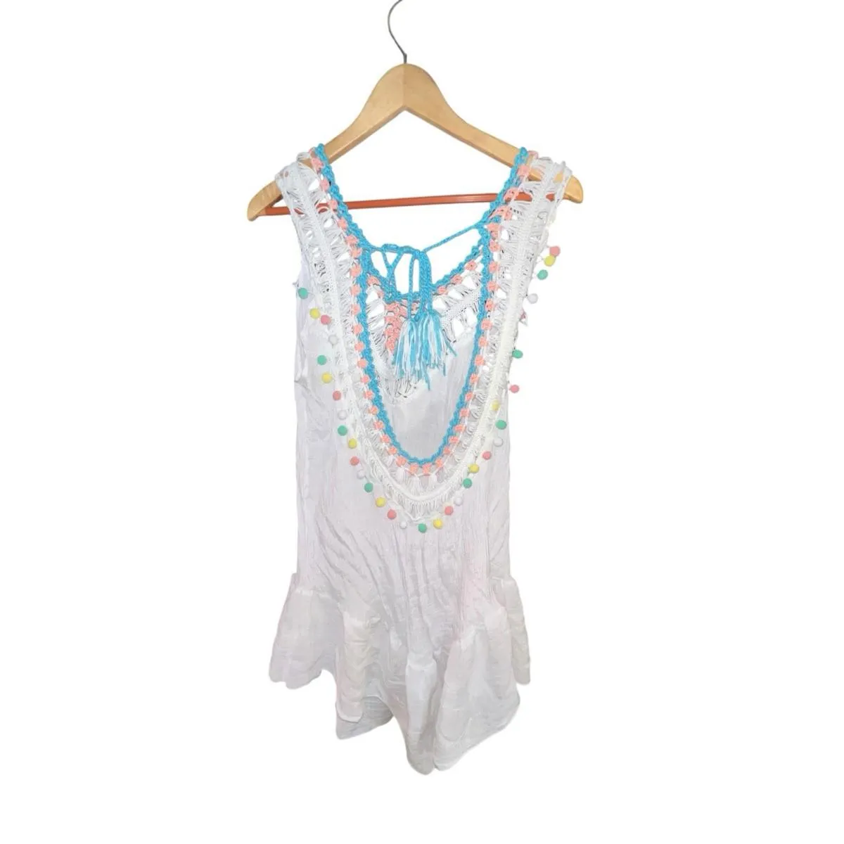 Cupshe Swim Coverup Dress Boho Crochet Pom Pom Fringe Tassel White One Size - Image 2