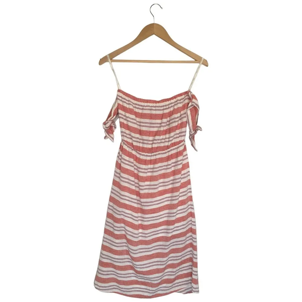 New Lovers And Friends Womens XS Mira Linen Off Shoulder Midi Striped Dress Pink - Image 12