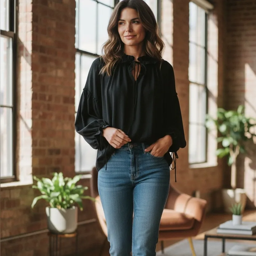 INA LONG puff SLEEVE RUFFLE NECK BOHO OVERSIZED BLOUSE L - Image 7