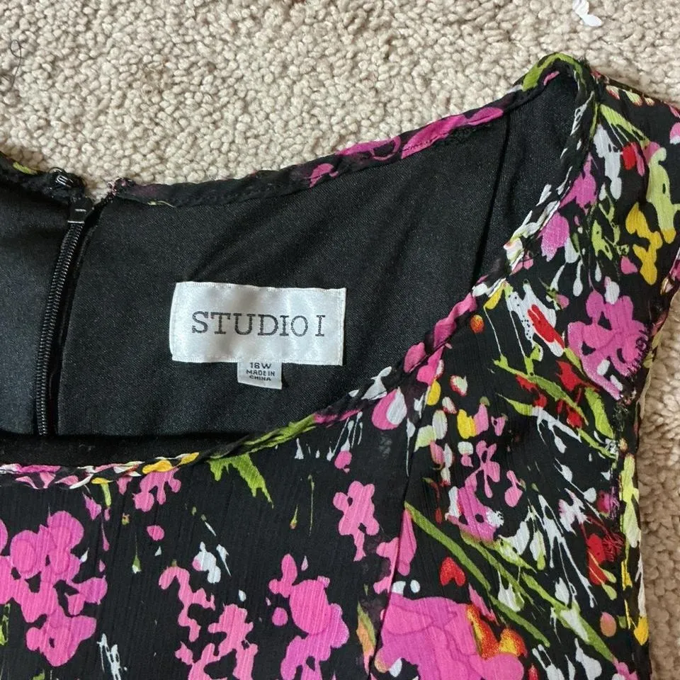 Studio I Black Floral Print Sleeveless Maxi Dress Ruffle Hem Women 16W - Image 4