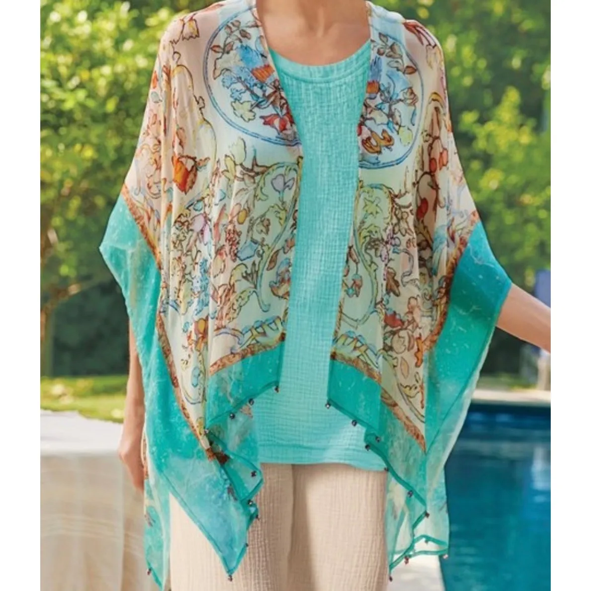 Soft Surroundings Sheer Open Front Flowy Jacket/Tunic:Cover Up Beaded Hem Sz S/M - Image 13
