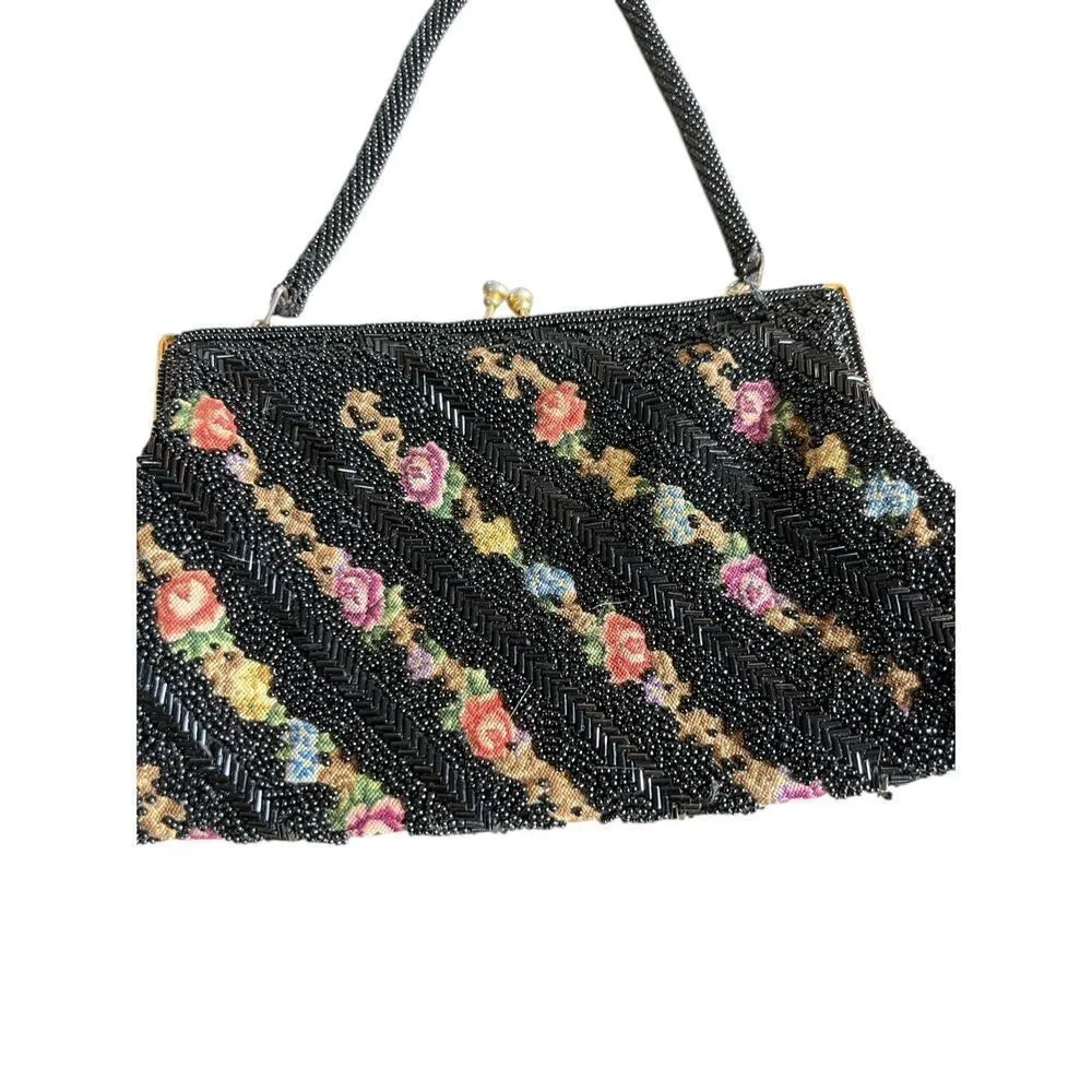 Vintage Beaded Handbag Black Beads Over Tapestry Kiss Lock Clasp Single Handle Black - Image 2