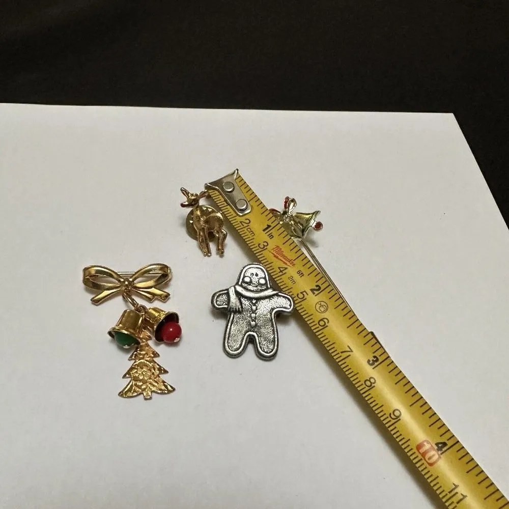 Lot Of 4 Brooch Pins Christmas Holiday Gingerbread Man, Bells, Deer - Image 5