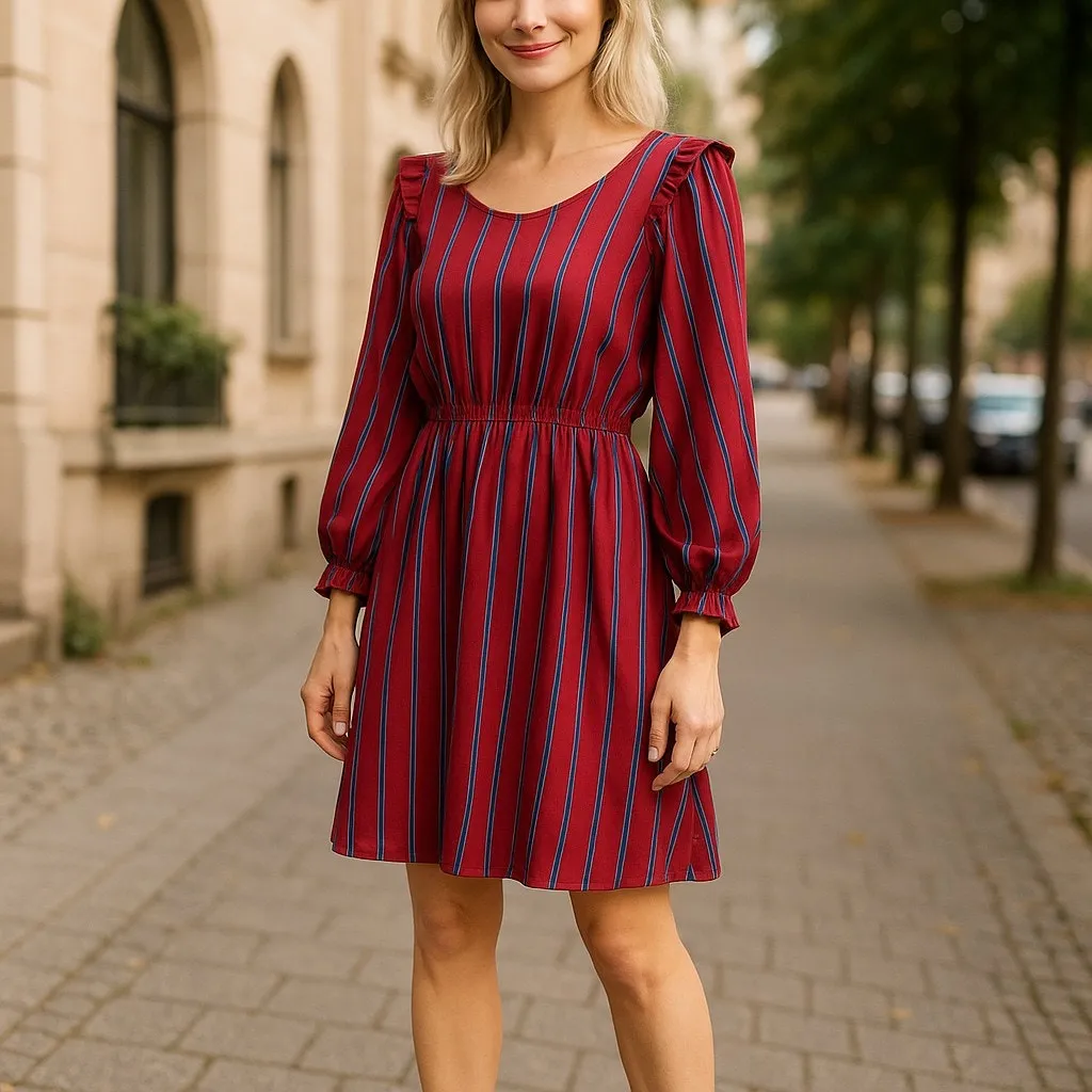 Forever 21 Vintage‎ Look Burgundy Blue Striped Ruffle Dress Size M - Image 2