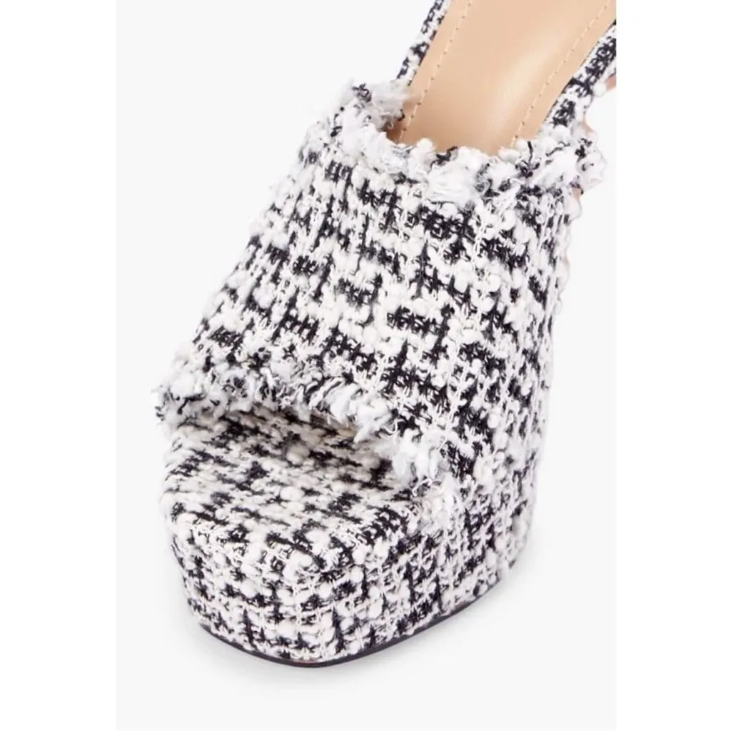 Tweed Platform Mule Heels Black White Chunky Block Heel Slip On Sandals NEW - Image 4