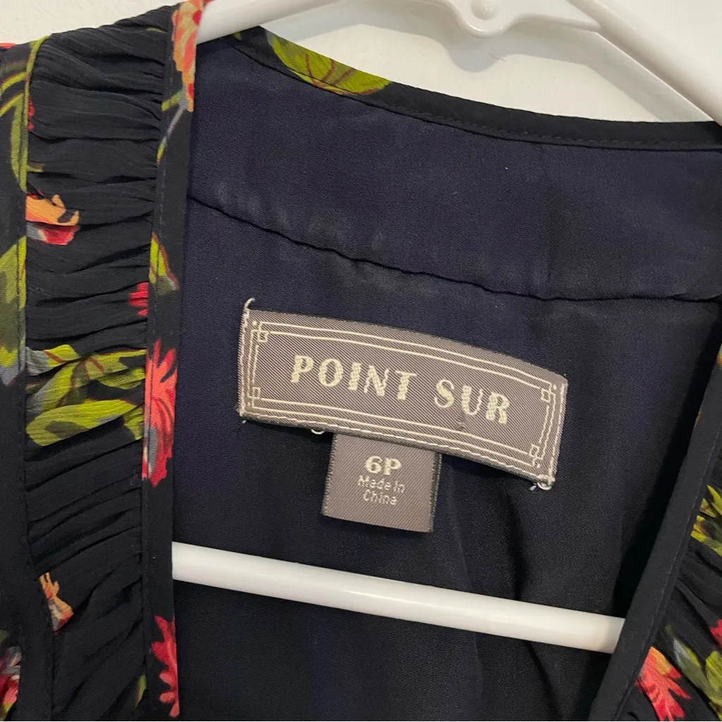 POINT SUR J. CREW PETITE High Neck Ruffle Floral Dress Navy Blue Midi 6P NO BELT - Image 5