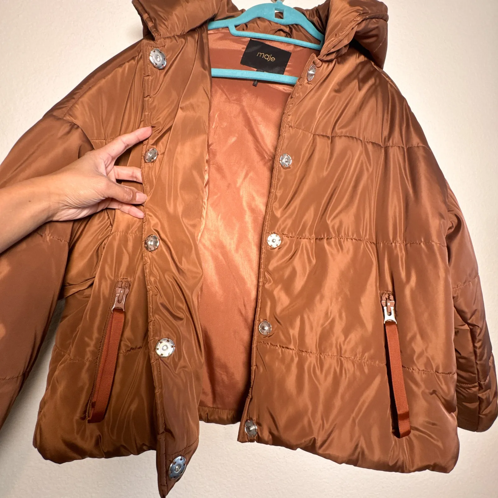 Maje Gueli Caramel Hooded Puffer Jacket Quilted Coat - Image 5