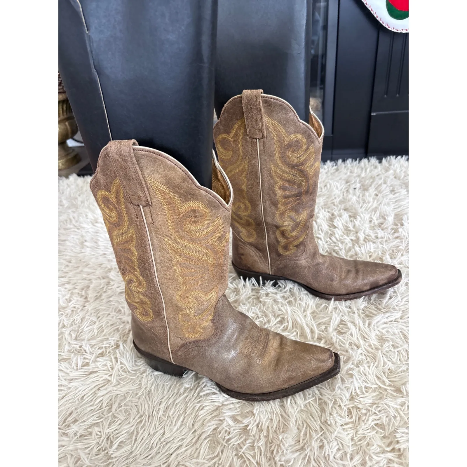 Vintage J B Dillon Western Cowboy Boots Tan Leather Embroidered Women Sz 8.5 Brown - Image 3