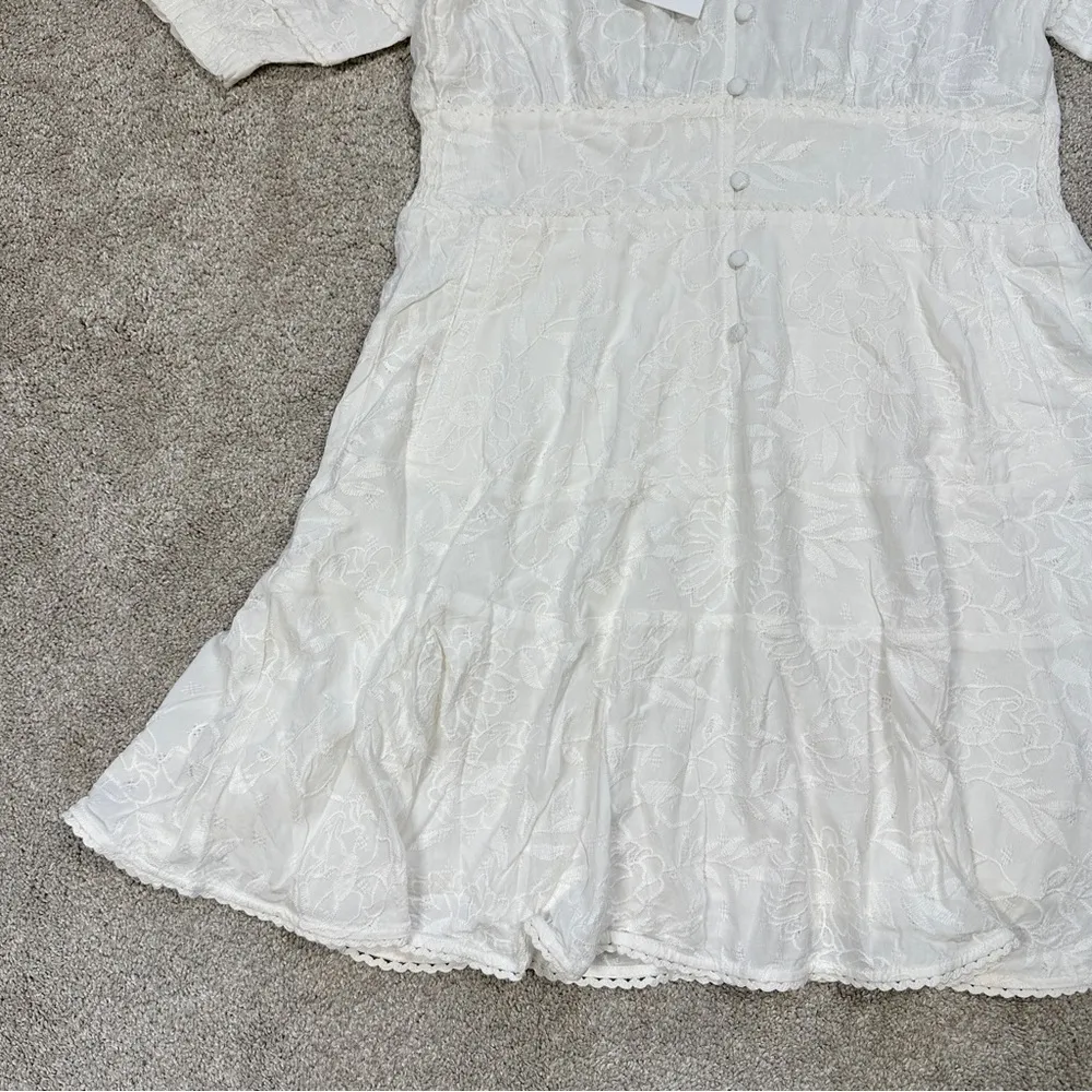 NWT Dear John Ellen Smocked Waist Mini Dress Pearled Ivory Garden Embroidered M - Image 6