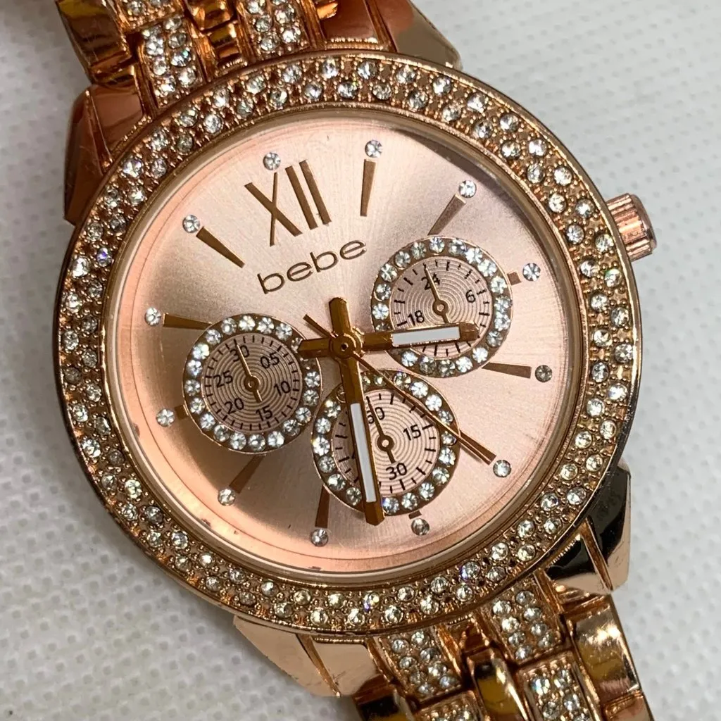 Bebe rose gold tone women’s watch 35mm quartz analog rhinestones running - Image 3