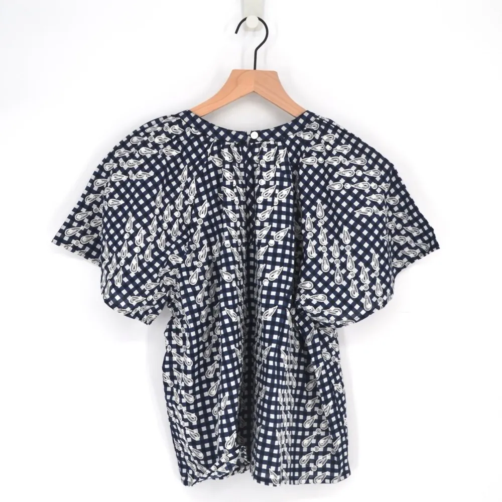 NEW BANJANAN Rada Top Embroidered Wheat Cotton Gingham Navy Blue White Women's M Size M - Image 4