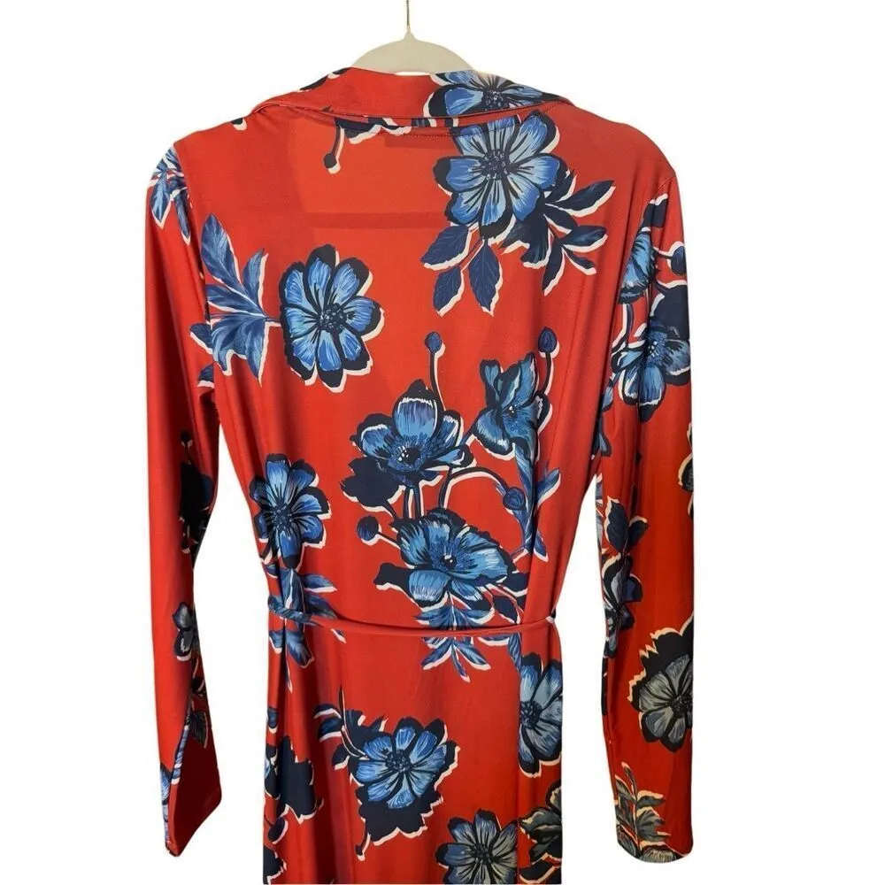 ZARA Plunge Tropical Floral Print Button Front Tie Waist Long Sleeve Midi Dress - Image 9
