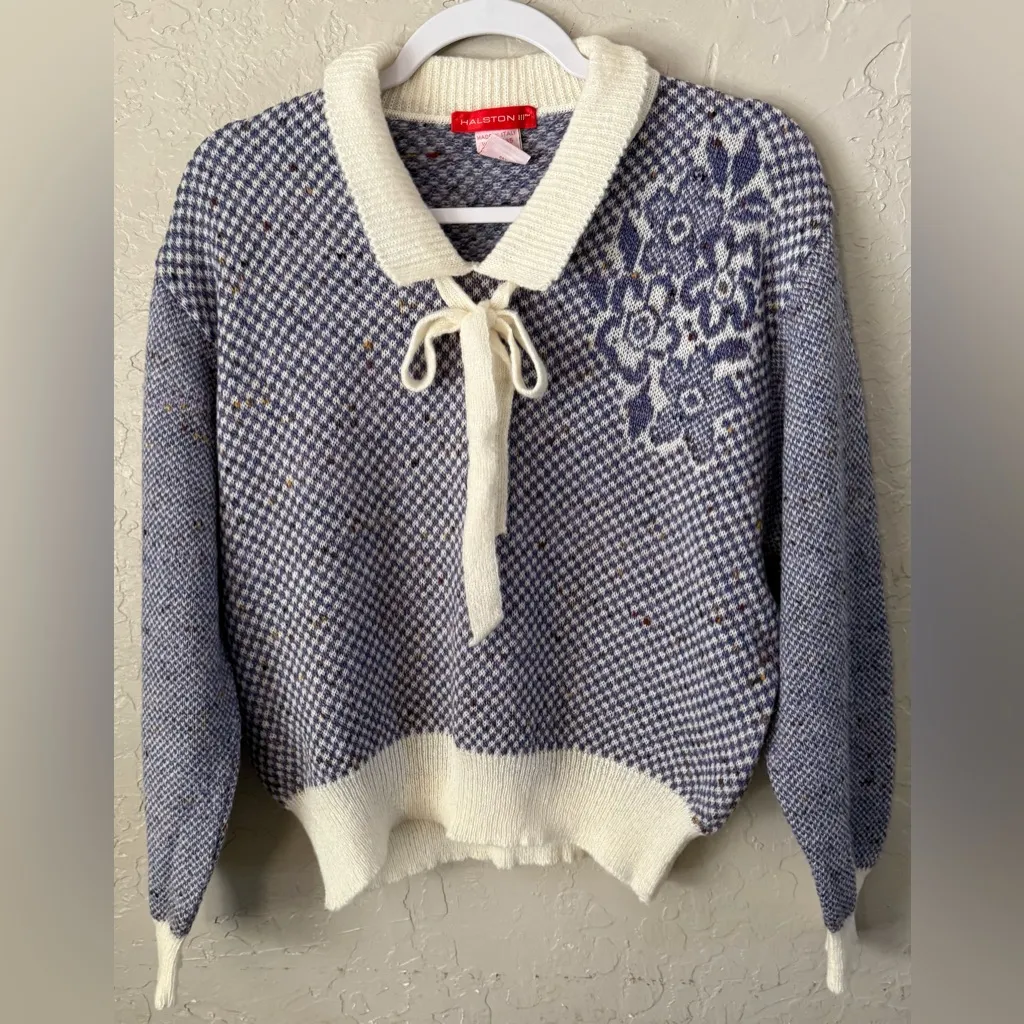 Vintage Halston III Wool Jumper Sweater Purple Wool Blend Front Tie L Italy Blue Size L - Image 2