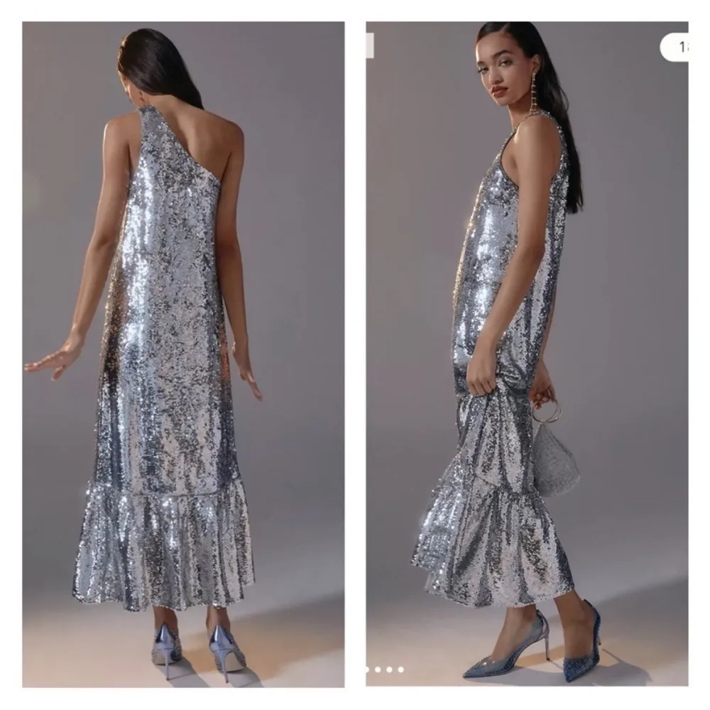 ANTHROPOLOGIE MAEVE One Shoulder Sequin Ruffle Maxi Dress Size XS - Image 3