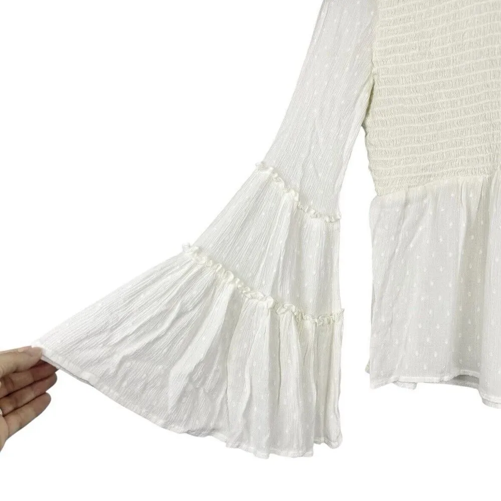 Y2K American Eagle Fairy Flared Long Sleeve Smocked Blouse XS White Angel Dainty - Image 2