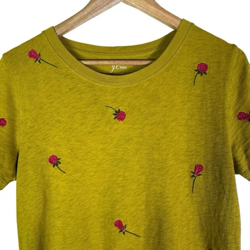J.Crew Cotton Tee Women's Size M Yellow Floral Rose Embroidered Casual - Image 3