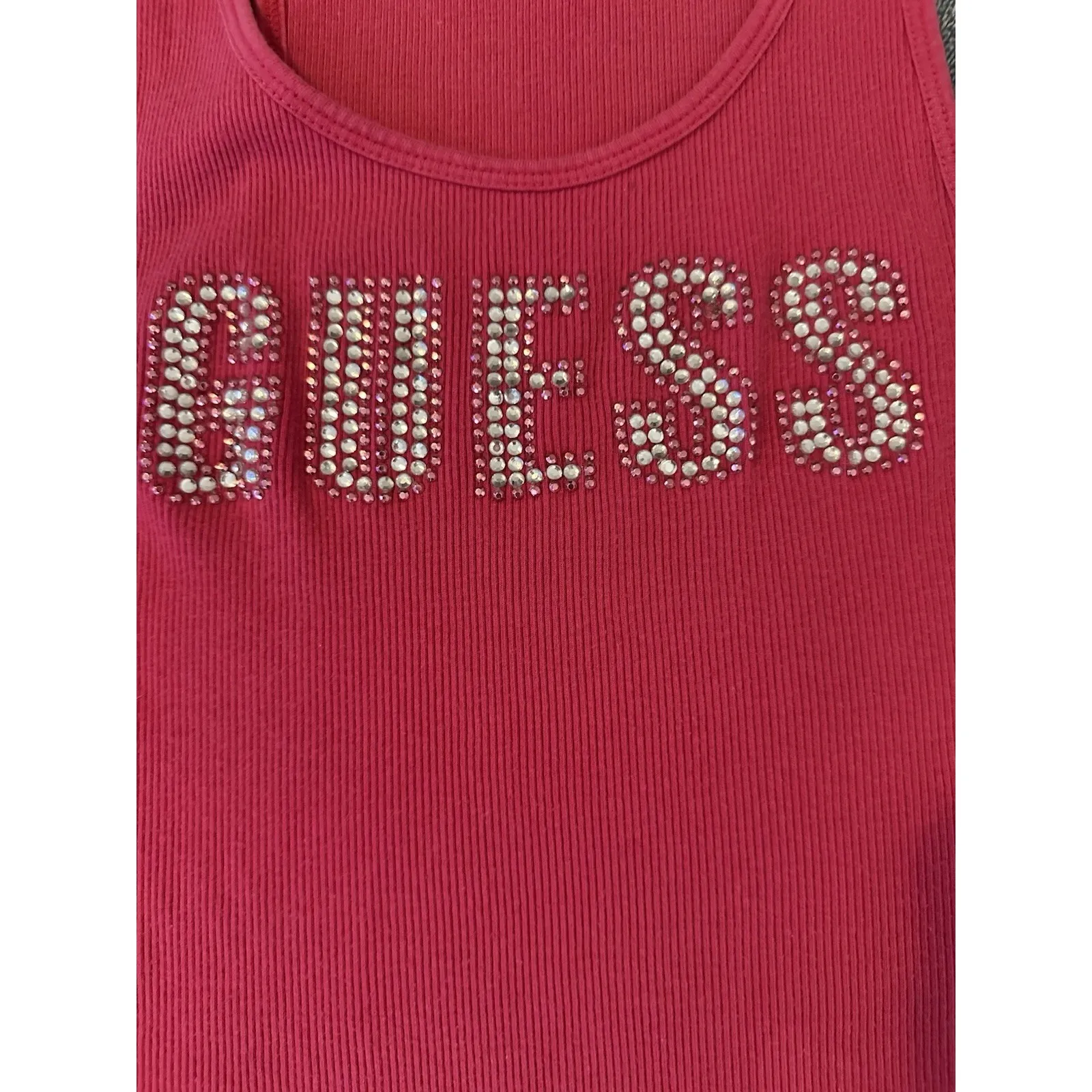 Guess Tank Top Women's Medium Pink Racerback Ribbed Knit‎ Bejeweled Y2K - Image 4