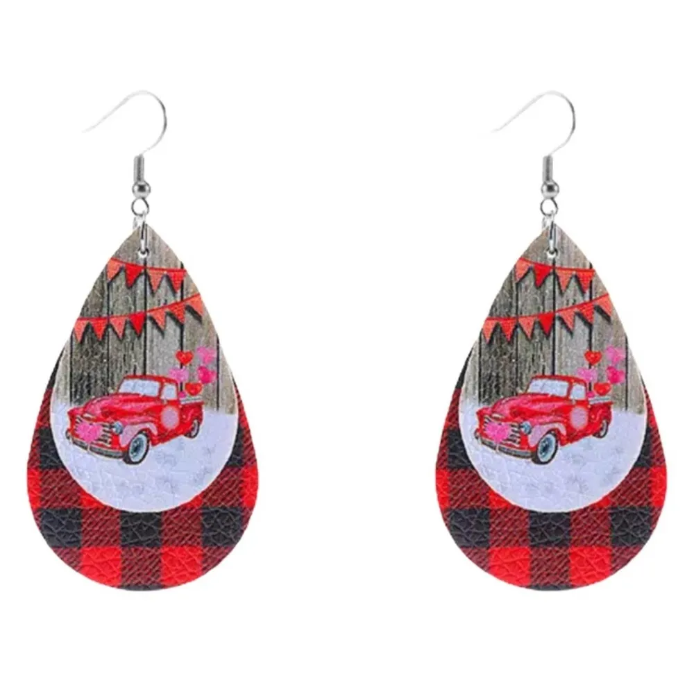 Country Style Vegan Leather Plaid Holiday Earrings - Image 2