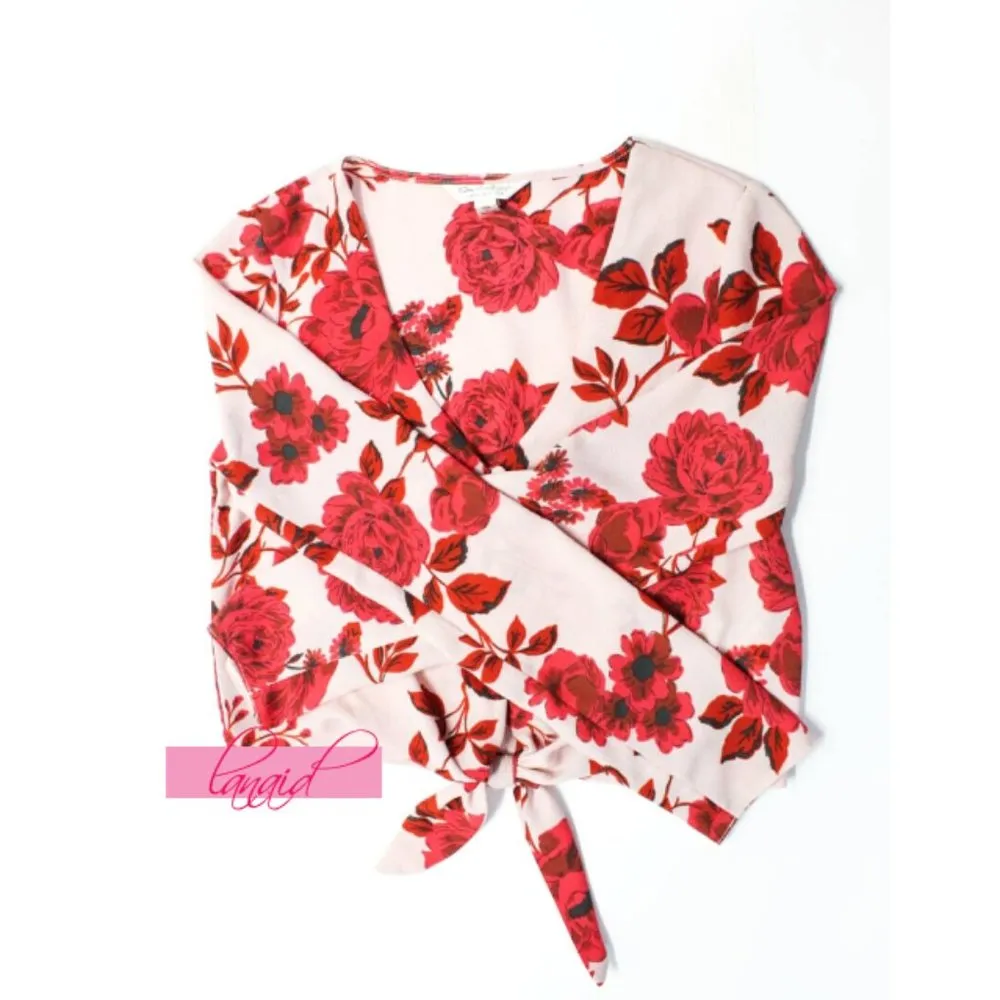 NEW Miss Selfridge Floral Button-Up Tie V-Neck Cropped Long Sleeve Crop Blouse 0 - Image 5