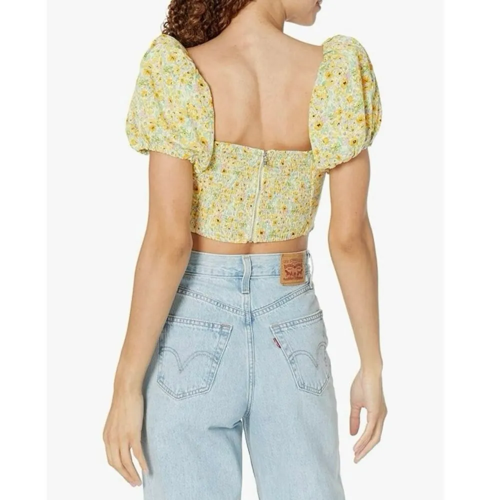 ASTR Paola Yellow Floral Print Smocked Sweetheart Puff Sleeve Crop Top Size L - Image 2
