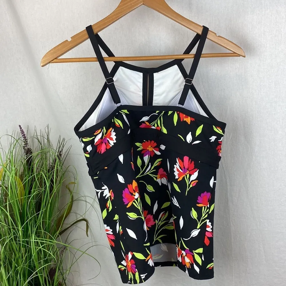 Land’s End Black Floral Print Keyhole Contour Tankini Swim Bathing Suit Top 8P - Image 3