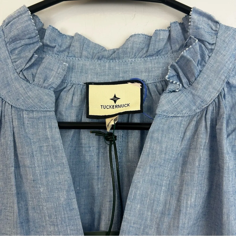 NWT Tuckernuck Chambray Crawford Blue Tiered Linen Blend Ruffle Mini Dress Small - Image 5