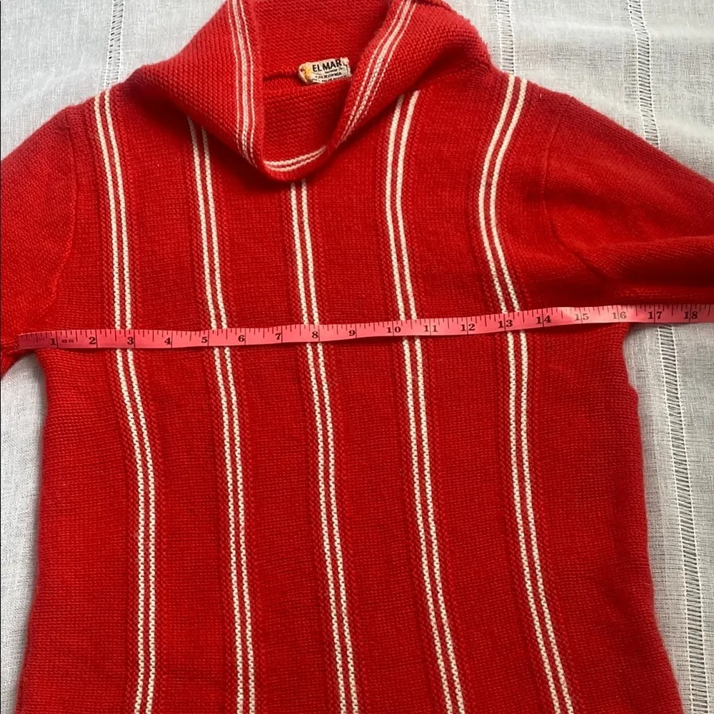 El Mar Vintage Red Cowl Neck Sweater with Vertical White Stripes Size XS - Image 4