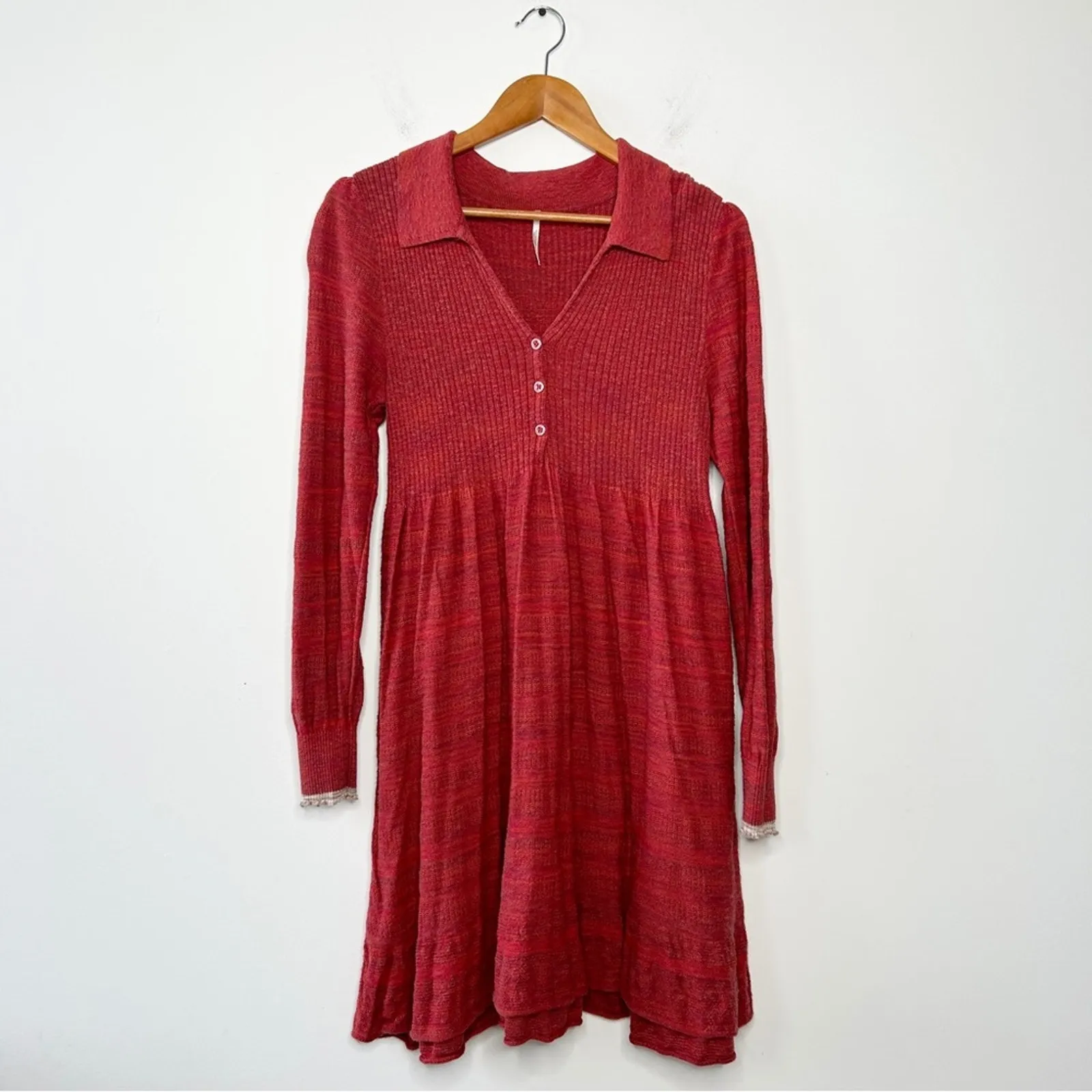 FREE PEOPLE Sweater Dress Size Medium Red Knit Ruffles Boho Indie Fall Country - Image 3