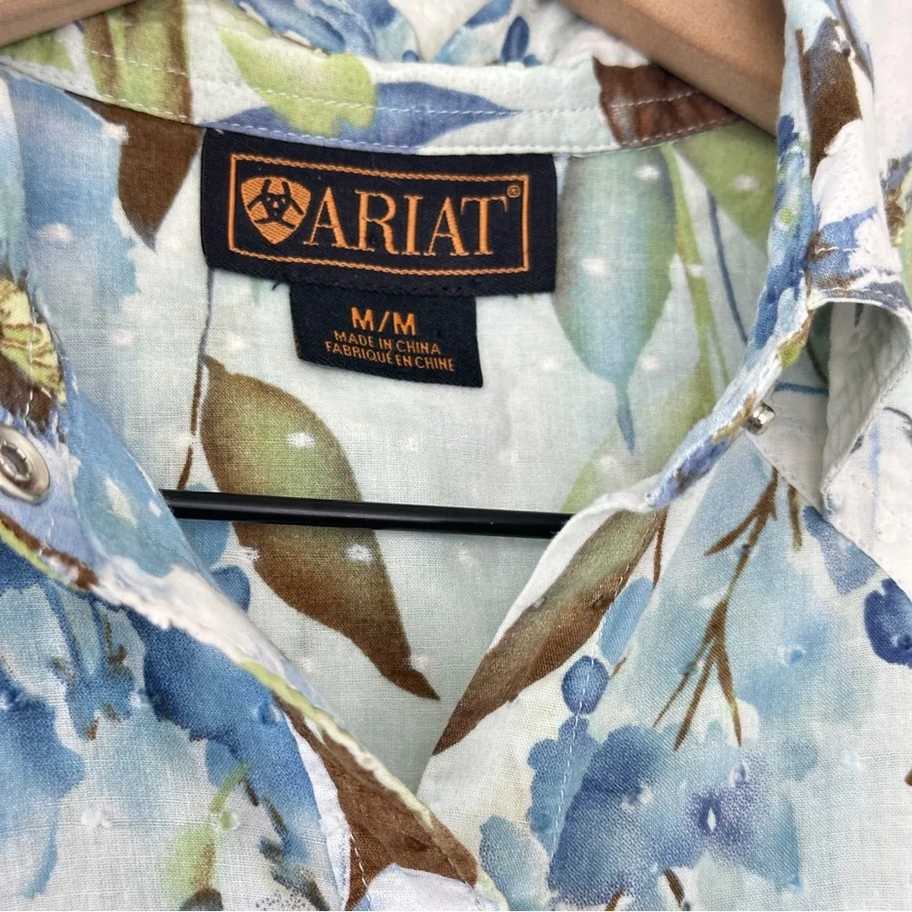 Ariat Fitted Floral Pearl Snap Shirt M 100% Cotton Blue Green White Western - Image 7