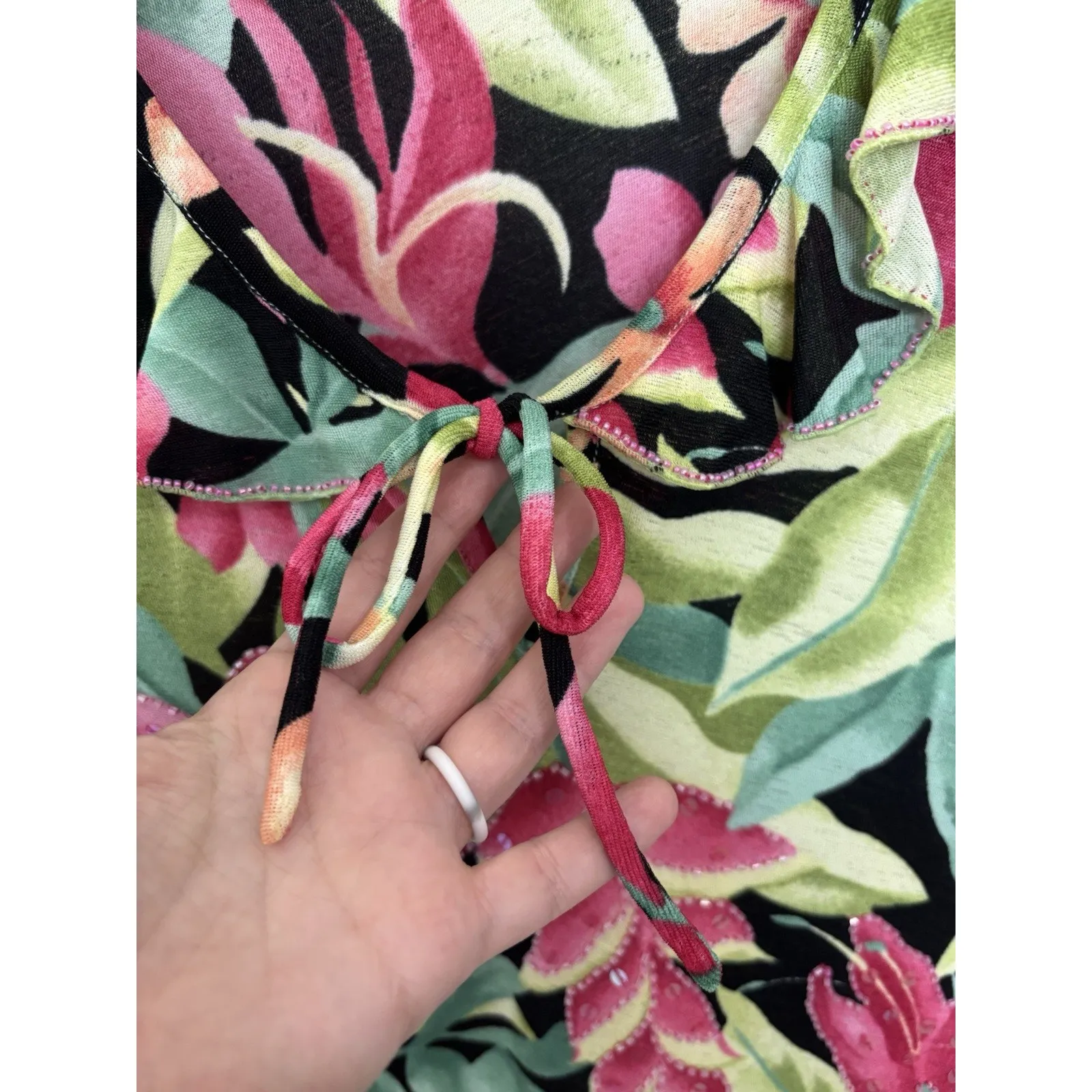 Y2K Tropical Floral Sequin Beaded Top Size Large Dopamine Dressing Vacation Green - Image 6