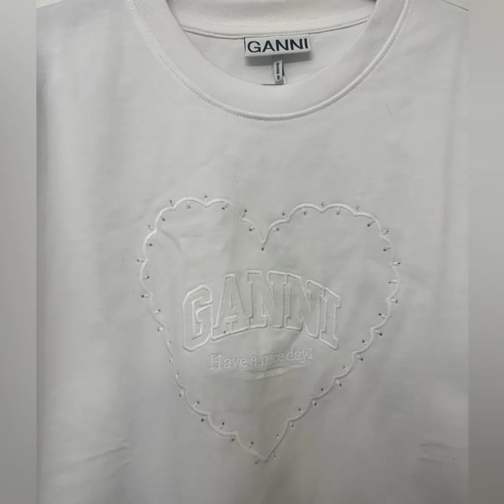 NWT Ganni Heavy Cotton Drop Shoulder Heart T-Shirt | Women’s Casual Tee - Image 7