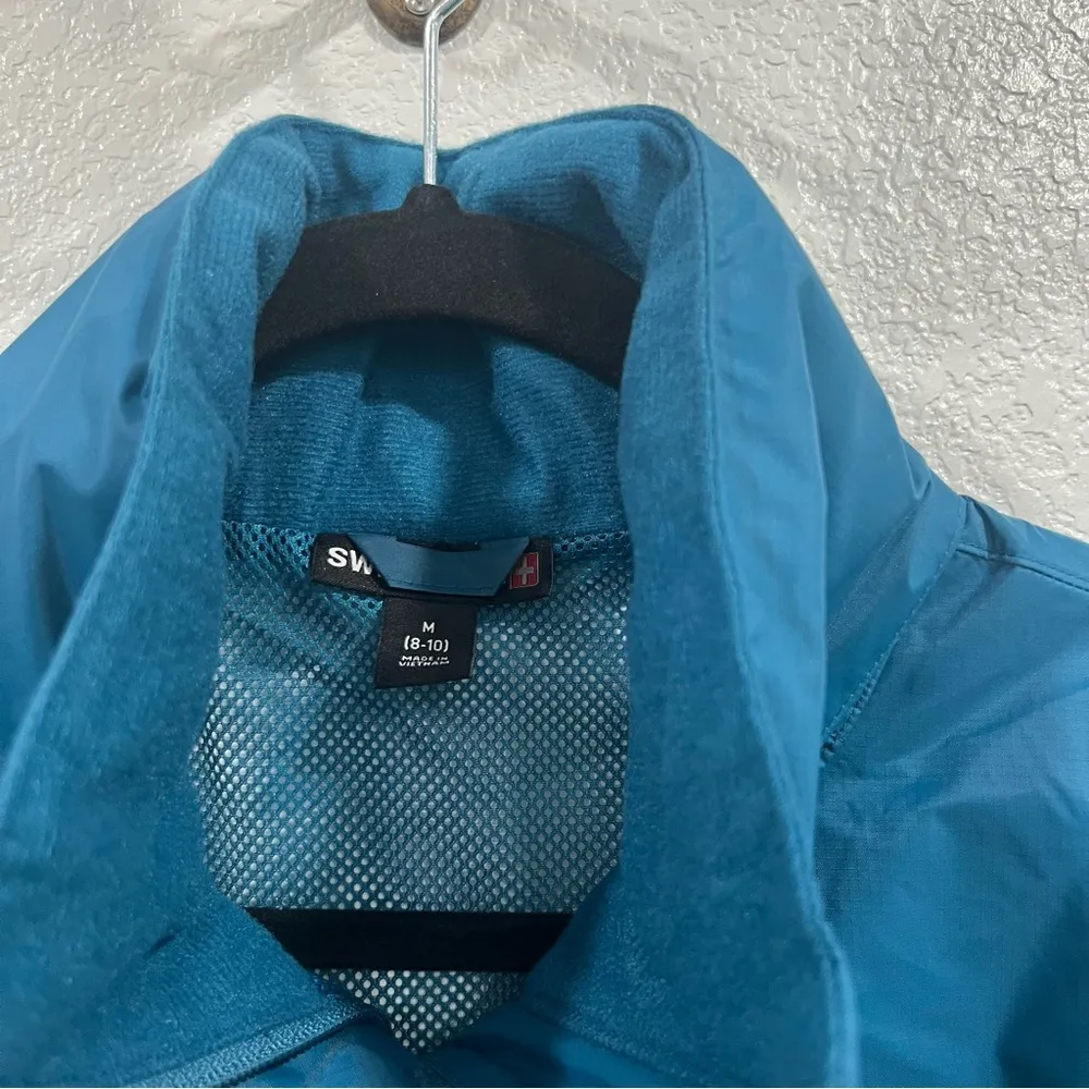 NWT Swiss Tech Rain Jacket with Hidden Hood in Green Medium Blue - Image 4