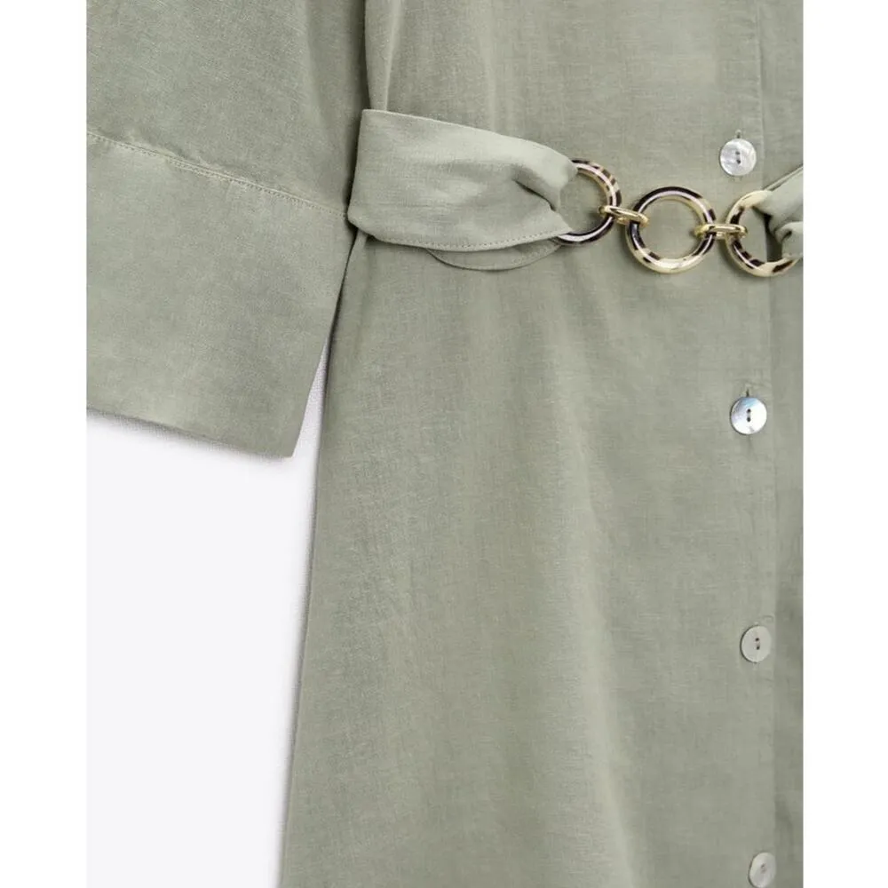 Zara LINEN BLEND CHAIN LINK BELT DRESS in Light Khaki - Image 3