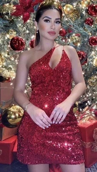 Red Velvet Sequin Dress Size S - Image 2