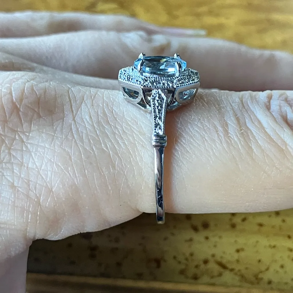 Natural Aquamarine White Diamond Sterling Silver Art Deco Ring Size 9.75 - Image 3